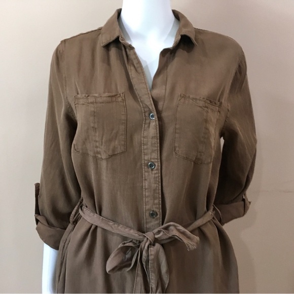 Velvet Heart Shirt Dress women Small Brown Roll Tap Sleeve button tencel - Picture 2 of 5